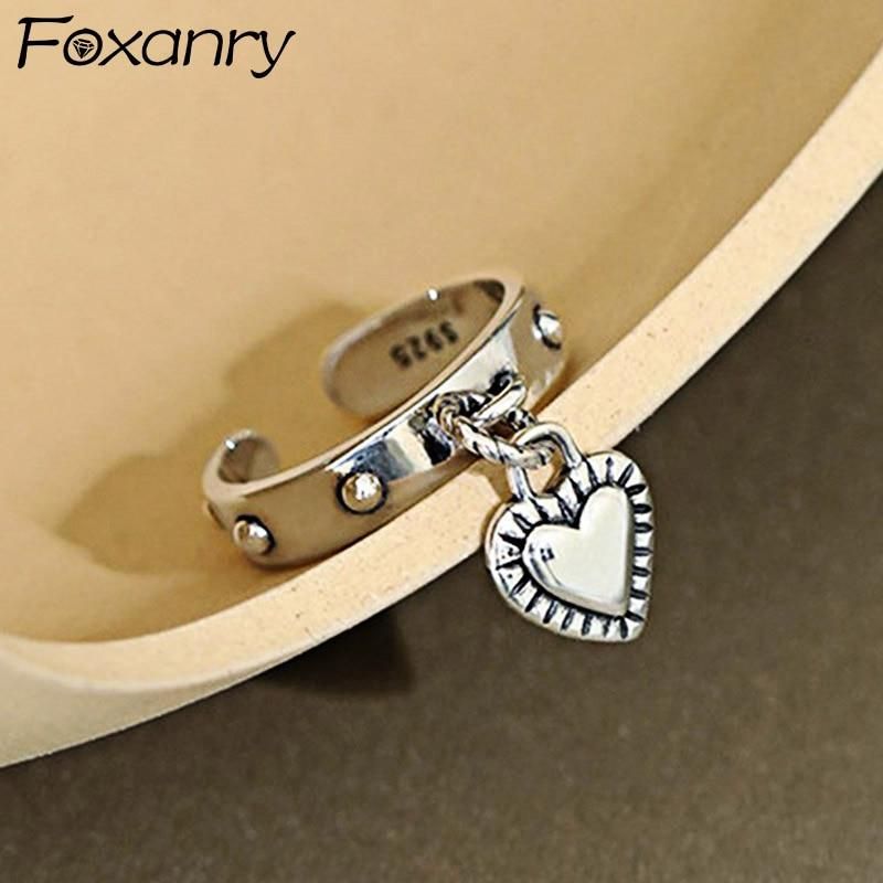 Foxanry Stamp LOVE Heart Tassel Rings for Women Couples New Fashion Vintage Thai Silver Punk Party Jewelry Gifts