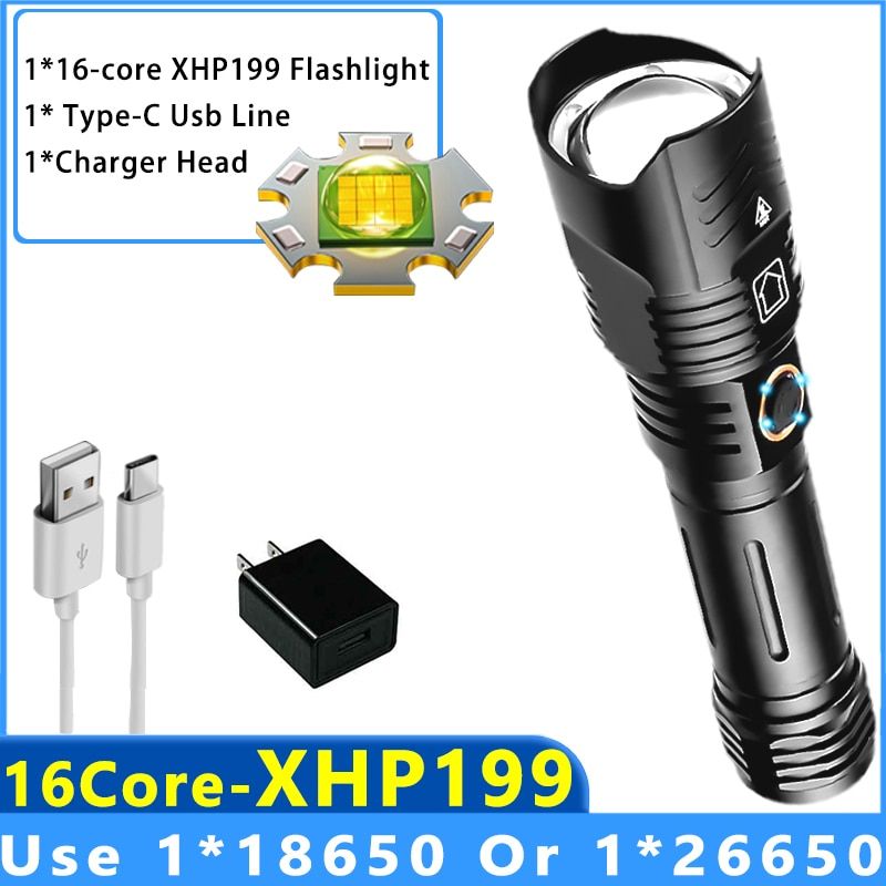 XHP199.9 Powerful LED Flashlight 5000mAH USB Rechargeable Portable Zoom Torch IPX65 Waterproof Tactical Flash Lamp Head Tern