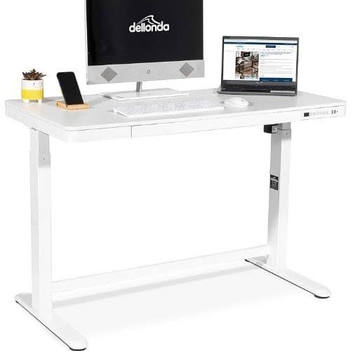 Electric Adjustable Height Desk With Glass Top - White