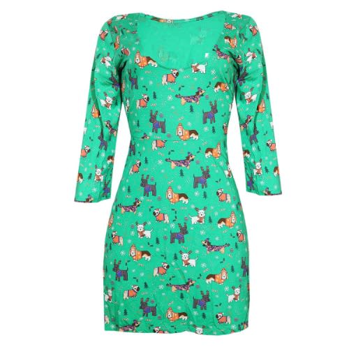 Christmas Printed 3/4 Flared  Dress - Green