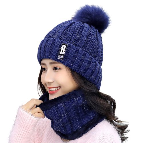 Beanie Scarf Knitted Warm Woolen Yarn Elasticity-Navy Blue
