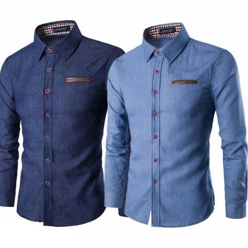 2 in1 Men's Casual Slim Fit Denim Shirt - Long Sleeves - Blue
