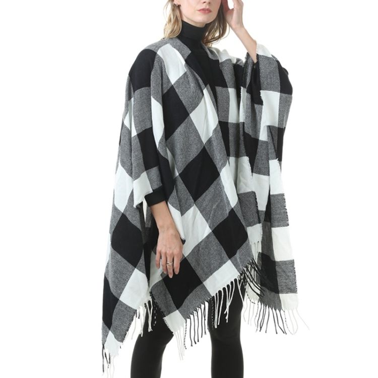 Split Plaid Shawl Fringed Thickening Cashmere Cloak