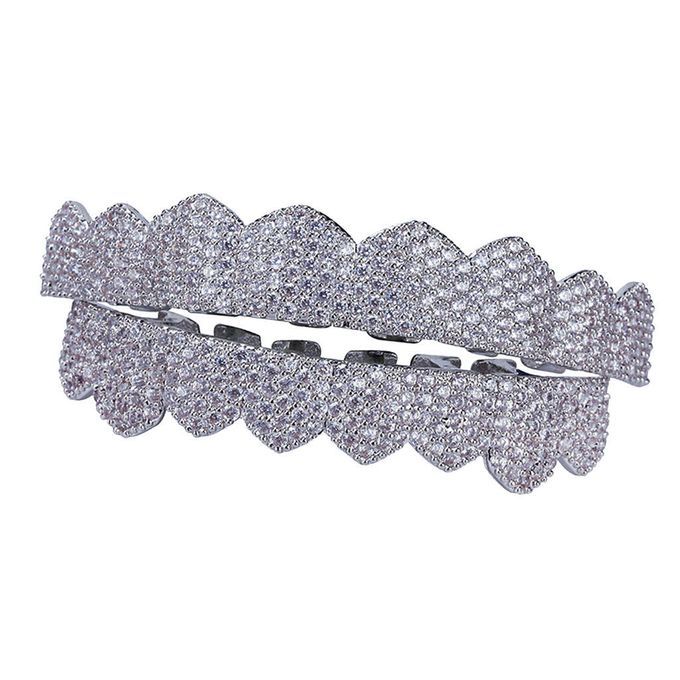 Crystal AAA Zircon 8 Top Teeth And 8 Bottom Tooth Hip Hop Mouth Silver