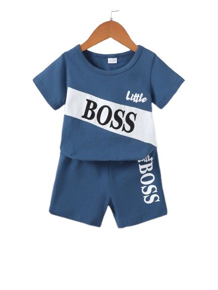 2PCS Clothes Set Kid Boy Letter Boss T-shirt+ Shorts