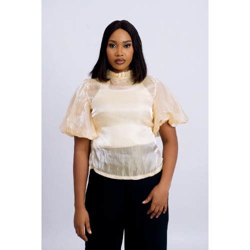 Ruffled Built-up Neckline - See Through Blouse With 180&deg; Flared Ball Sleeve