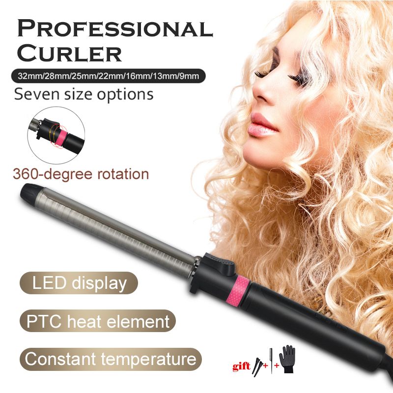 7 Sizes Unisex Lady Men's Wand Small LED Display Ceramic Hair Curler Ceramic Rollers Iron-135-Black
