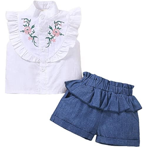 Toddler Girl Embroidered Sleeveless Shirt + Vest Ruffle Denim Shorts