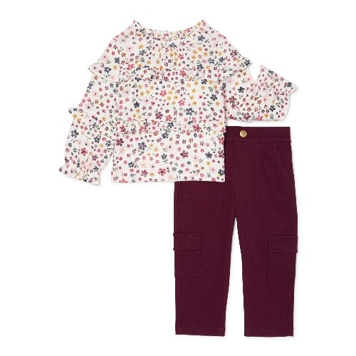 Girl Ruffle Trim Top & Cargo Pants Set