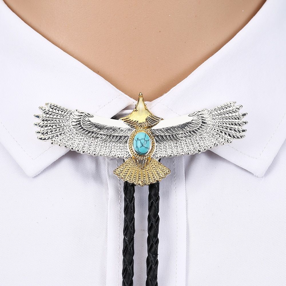 Western Cowboy Bolo Tie Silver Gold Eagle Natural Turquoise