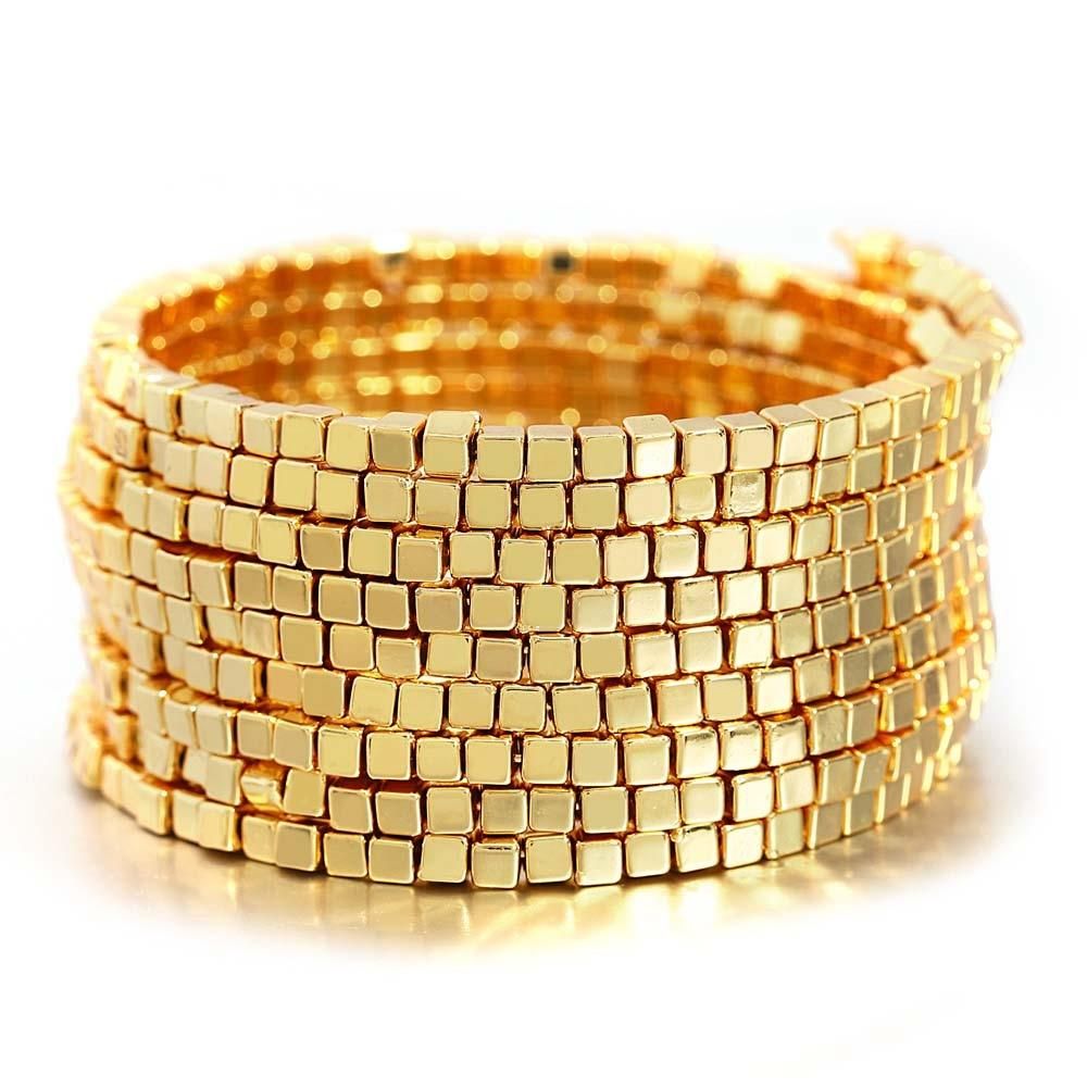 Flashbuy New Simple Classic Multi Row Square Beads Wrap Gold Color Bangle Bracelet for Women Fahsion Accessories Teen Gifts