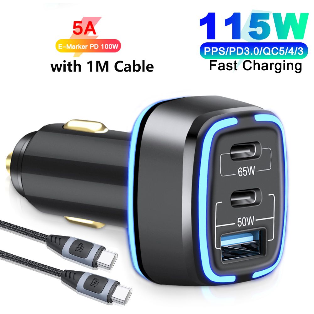 （Charger And Cable）Anchtek 115W Car Cigarette  USB Type-C PD 3-Port QC4.0 Fast Charging Car Phone Charger  For Laptop IPhone 13 12 Xiaomi