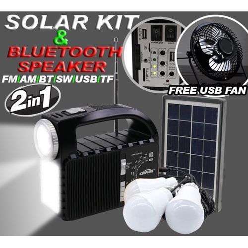 RUGGED SOLAR ENERGY KIT/BLUETOOHT SPEAKER WITH 3 BULBS & FREE USB FAN (SUPER BATTERY CAPACITY)