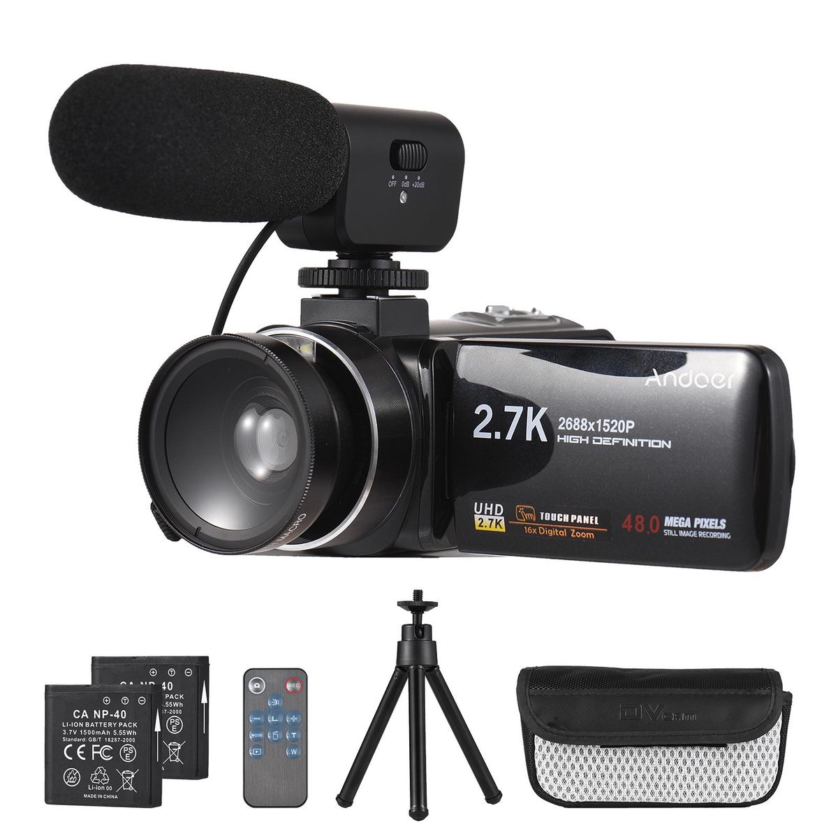 Andoer 2.7K Digital Video Camera Camcorder DV Recorder 48MP 16X Digital Zoom 3.0 Inch IPS Touch Panel Supports Face Detection Beauty Face Smile Capture Anti-shake with 2pcs Batteries + Remote Control + Mini Tripod + Carry Bag + External Microphone + 0.45X