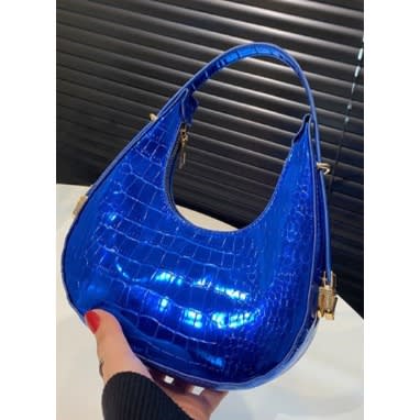 Mini Metallic Underarm Crocodile Embossed Underarm Handbag Solid Color - Blue