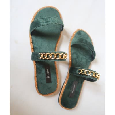 Velvet Flat Slippers - Double Strap Chain - Green