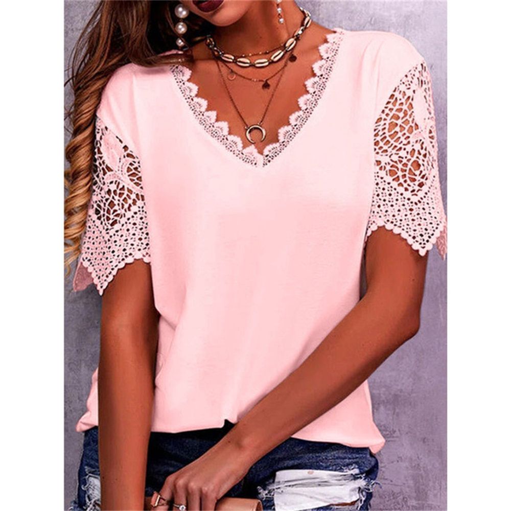 V-neck Short Sleeve T-shirt Women's Fashion Casual Solid Color Top