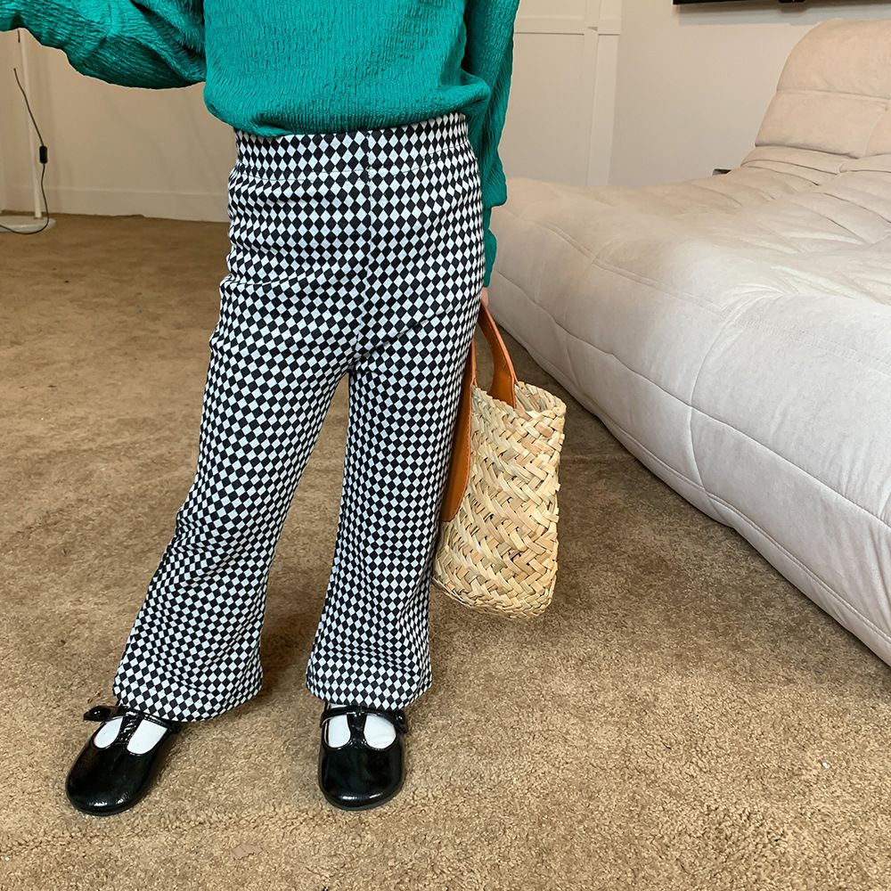 Cotton Kids Fashion Plaid Casual Girls Wide Leg Trousers -White