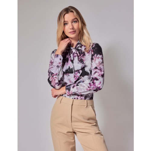 Women's Pink & Fuchsia Floral Satin Pussy Bow Blouse