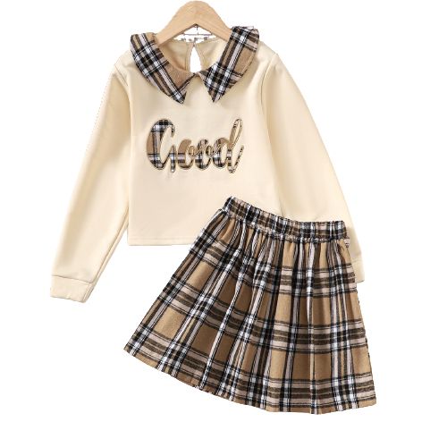 Girls Fall Letter Lapel Long Sleeve Plaid Pleated Skirt Set