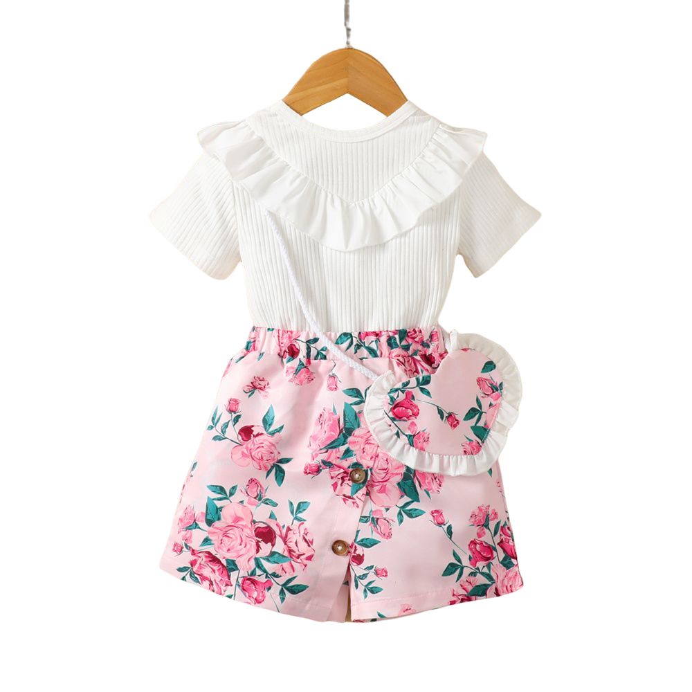 1-6 Years Kid Girl 2PCS Set/Ruffle Collar Short Sleeve Shirt+Floral Shorts