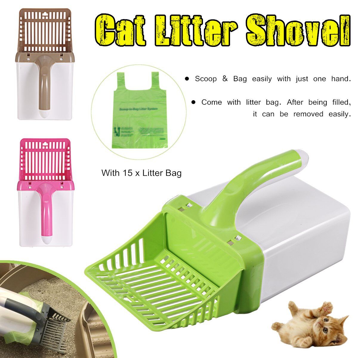 Ergonomic Pet Poop Scooper Dog Cat Pooper Scoop System Cleaning Tool Set With Waste Box Green