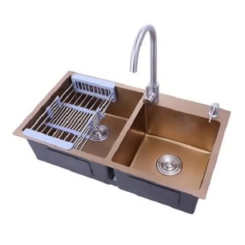 Double Bowl Stainless Steel Kitchen Sink- Gold with Mixer Tap