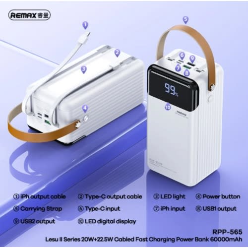 Rpp-565 Lesu Ll Series 20w+22.5w Cabledfast Charging 60000mAh Power Bank - white