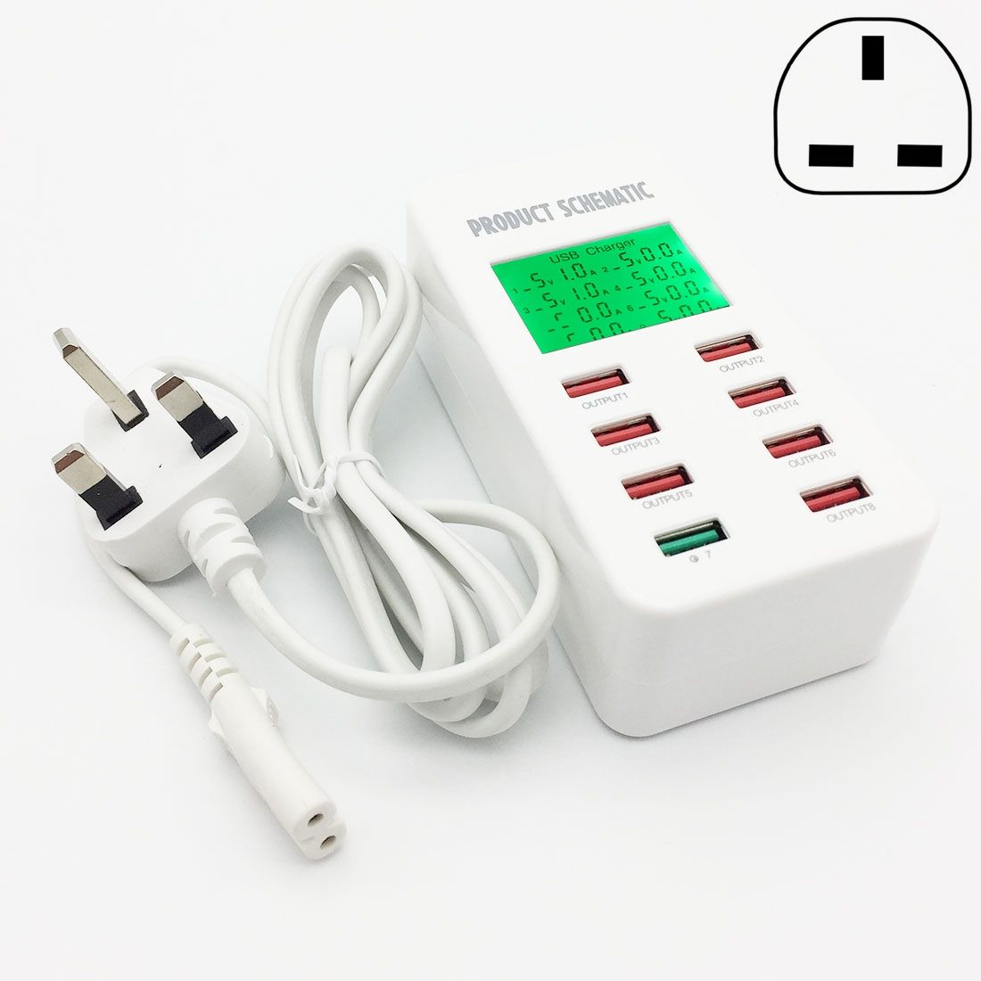 40W 8 Ports USB + QC3.0 Smart Charging Station With Digital Display AC100-240V, UK Plug