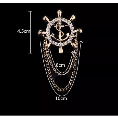 Gold Rudder Anchor Brooch With Double Chain