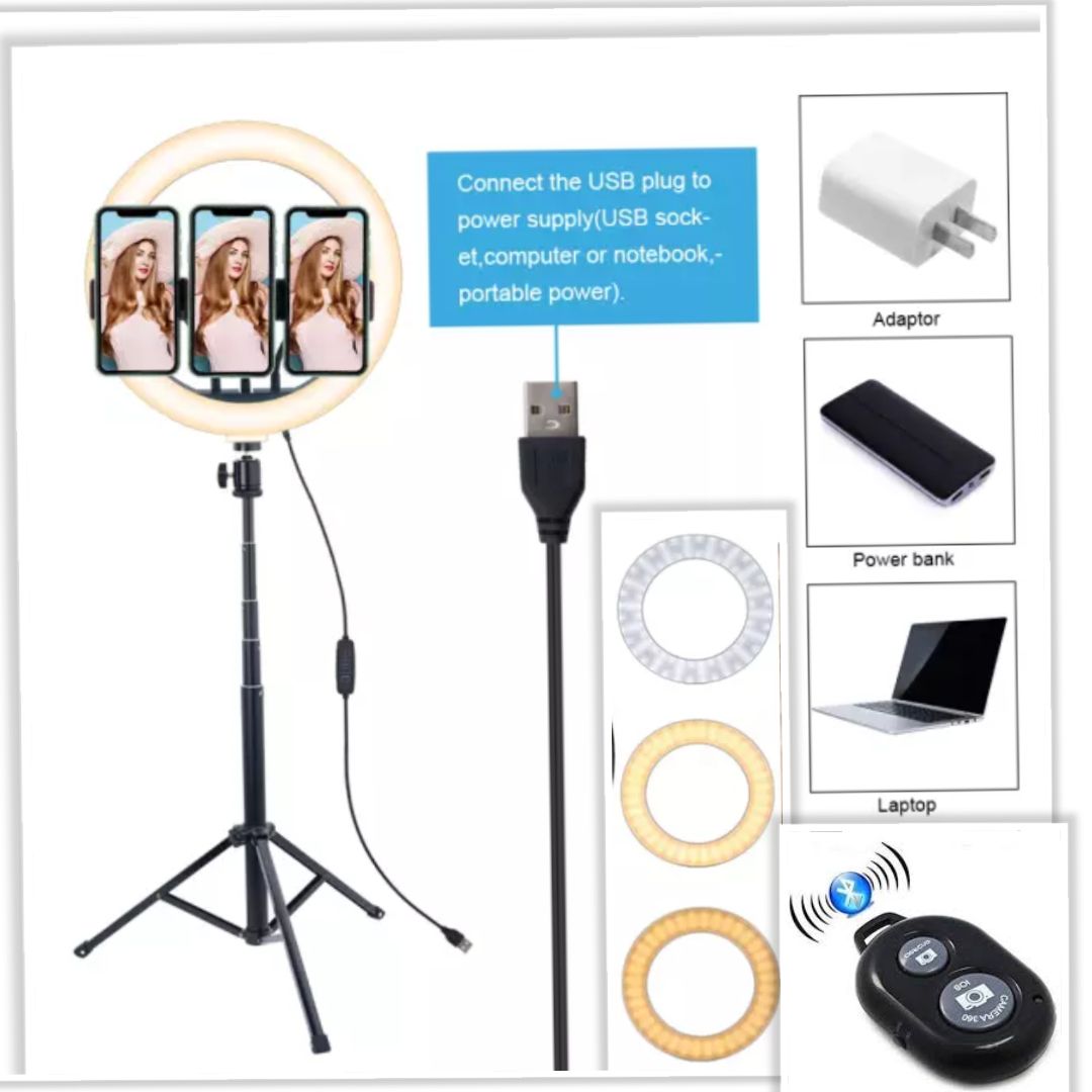 13 Inches Ringlight With 2.1m Stand, 3 Phone Holder, Emote, Bluetooth Shuttle For Selfie