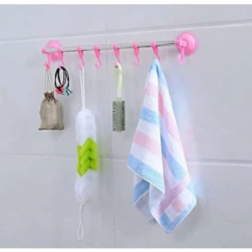 Bathroom & Kitchen Tower Rail Hanger With Hooks - 60" - Pink