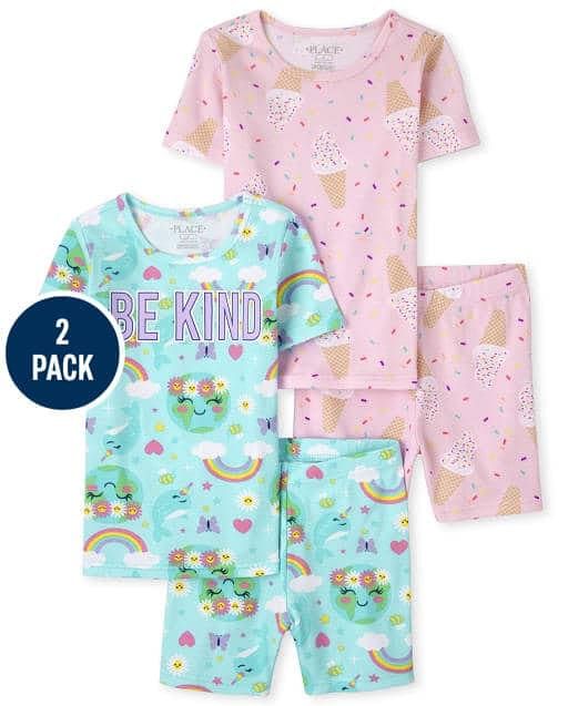 Girls Ice Cream Rainbow Slim Fit Cotton Pyjamas 2-Pack