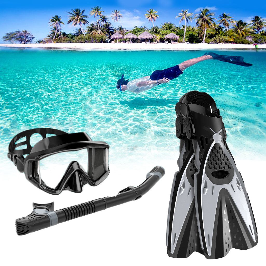 HHAOSPORT 3PCS/Set Snorkel Cover Swimming Glasses + Underwater Breathing Tube + Diving Fins Diving Grey ML XL