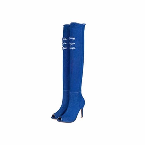Over The Knee Thigh High Denim High Heel Boots - Blue