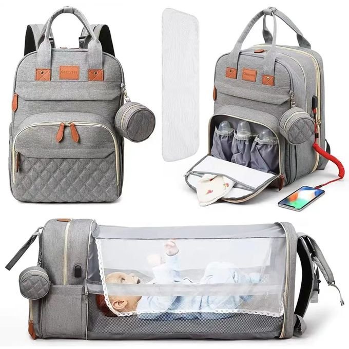 Foldable 3-in-1 Diaper Bag Mother And Baby Bag With USB Charging - Gray