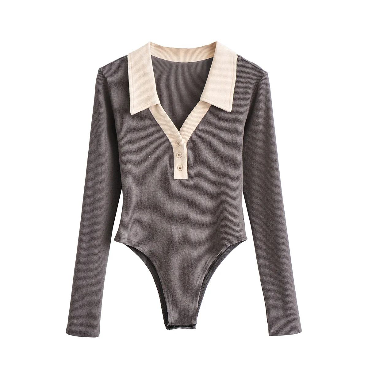 GY-Women Knit Polo Neck Onesie Playsuits Big Strethy Long Sleeve Rompers Ladies Chic