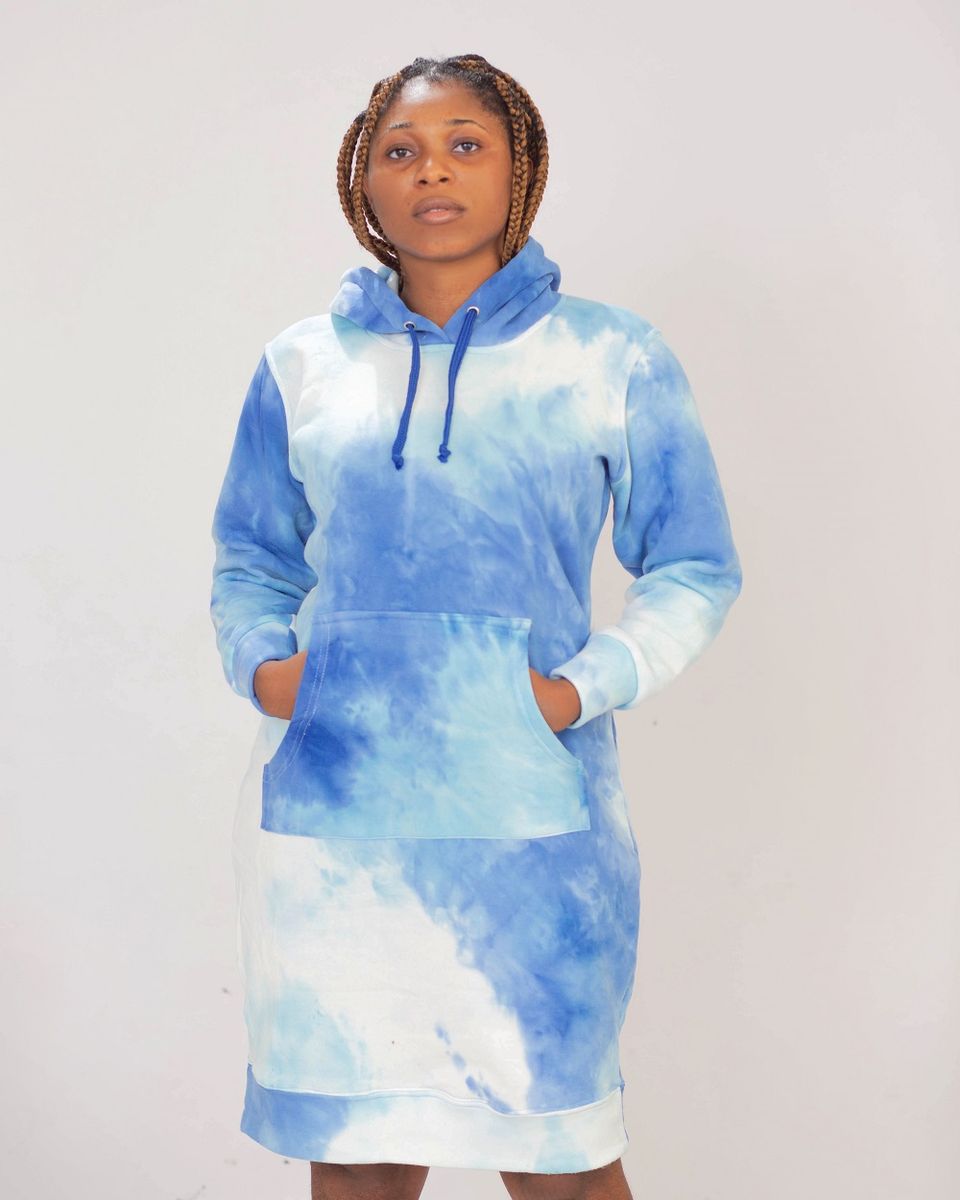 Blue & White Dyed Hoodie Gown Dress