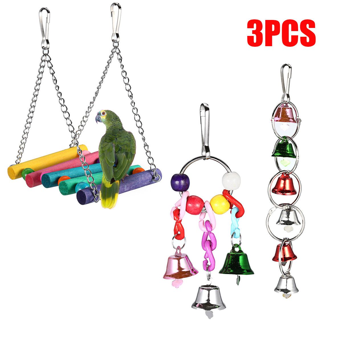 3pcs Bird Parrot Toy Hanging Bell Pet Hammock Swing Toy Macaw Finch Color {3-piece Set}