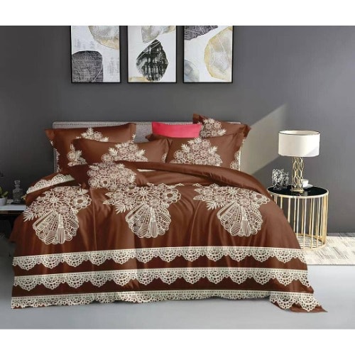 Bedsheet duvet And Four Pillowcases with touch of plain martial - Brown
