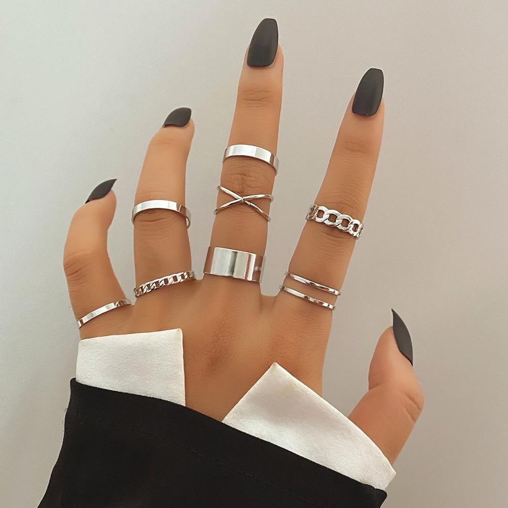 KISSWIFE Gold Color Silver Color Cross Rings Set For Women Simple Wide Chain Finger Tail Rings 2022 Bijoux Jewelry Gifts Female