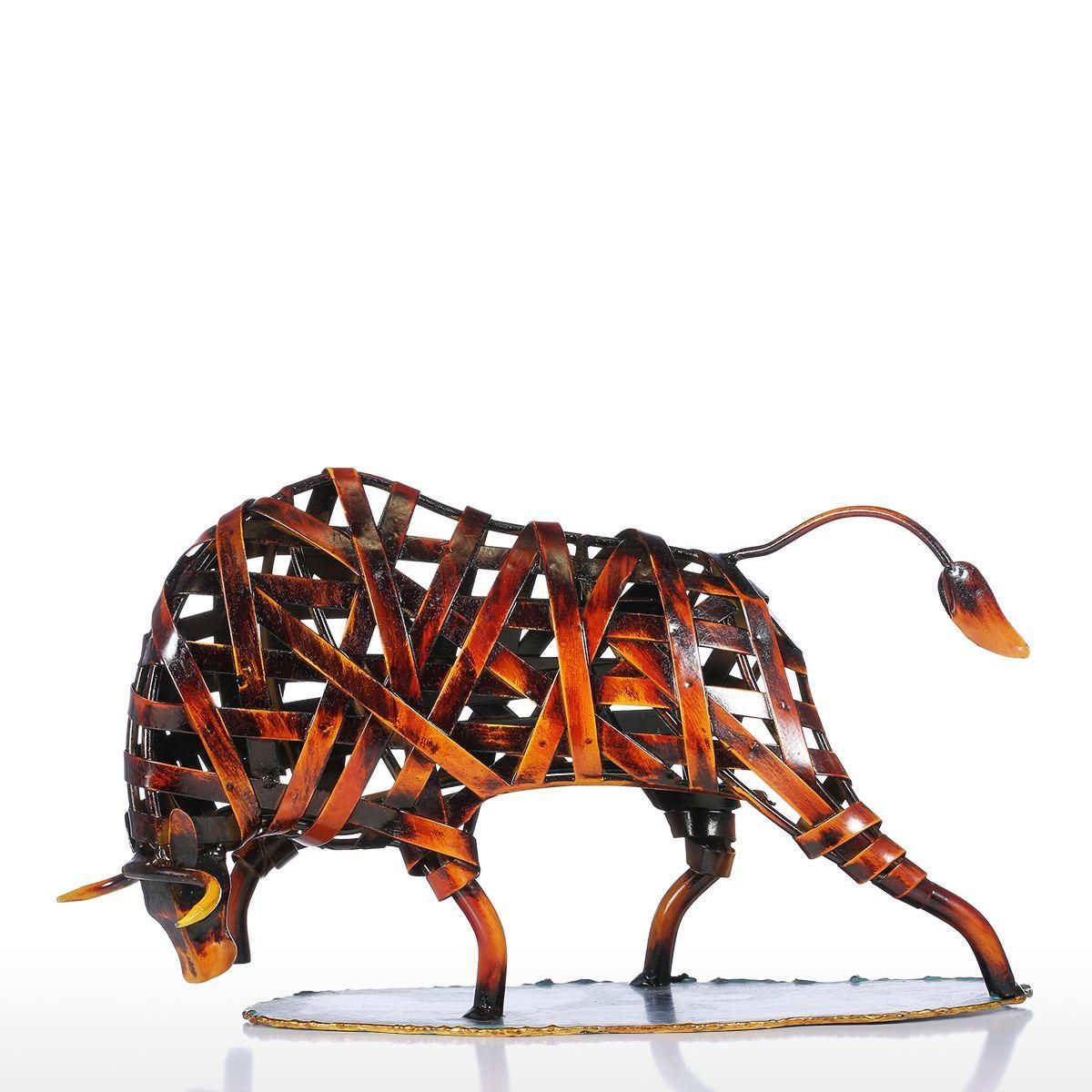 Tooarts Metal Weaving Cattle Red Iron Sculpture Abstract Figurine Modern Art Home Decor Animal Craft Gift