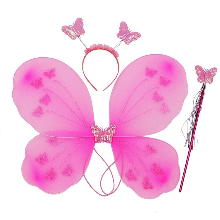 3Pcs Girls Little Fairy Dress Up Princess Costume Sets Butterfly Wings Headband Magic Wand Halloween Birthday Party Supplies Pink