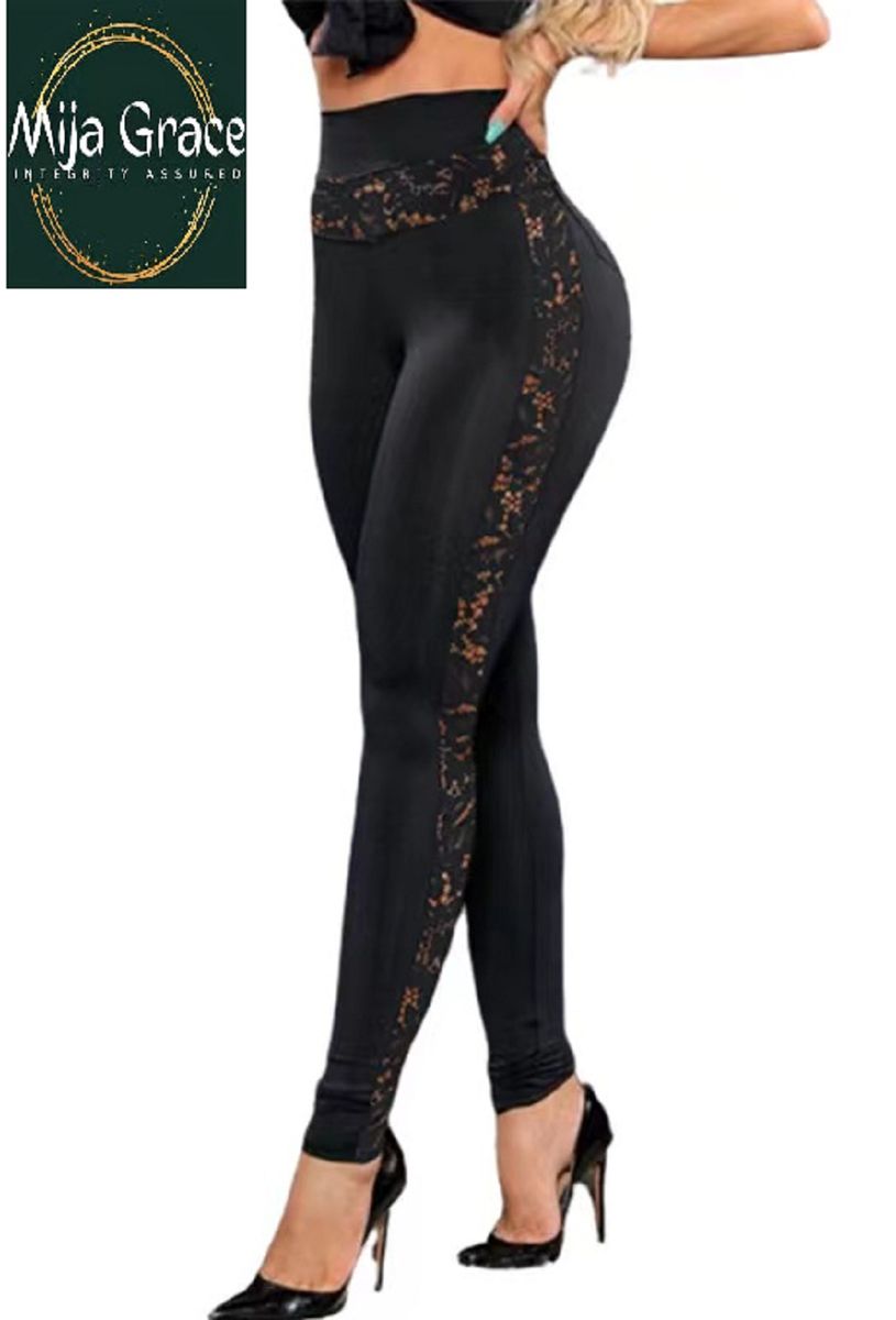 {MijaGrace} Women's High Waist Lace Patchwork Elastic Leggings Pants-BLACK-S-5XL