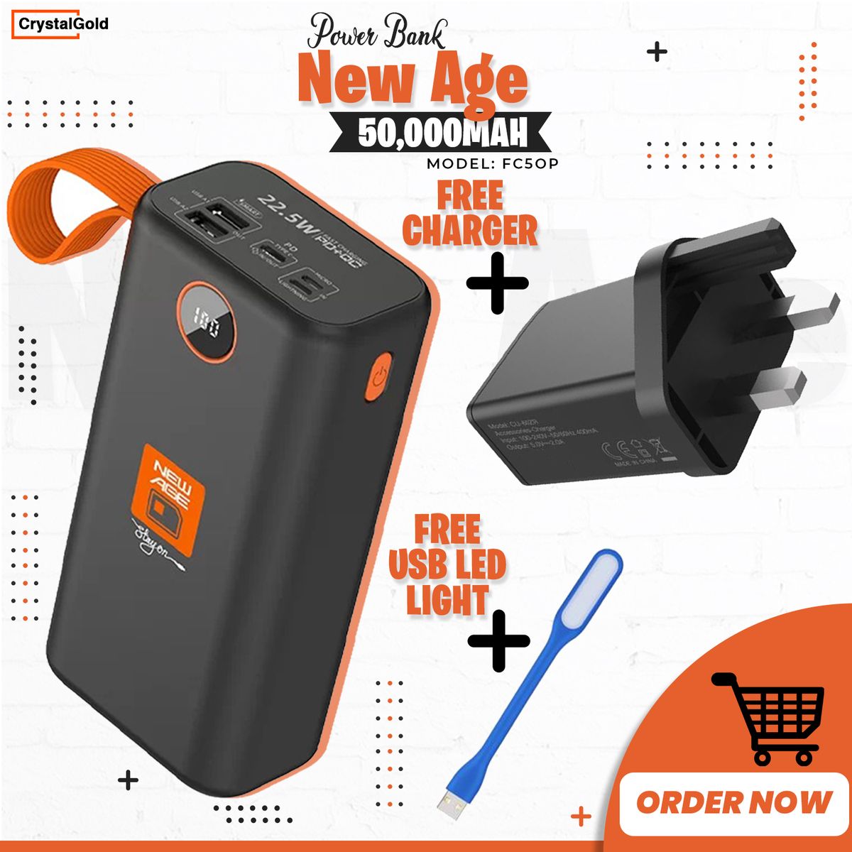 50000mA FC50P POWER BANK + FREE FAST CHARGER, FREE LED LIGHT