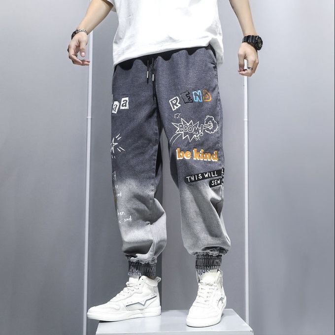 Men's Cartoon Graffiti Gradient Color Casual Jeans-Black