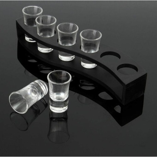 Bamboo Shot Glass Stand + 6 Tequila Shot Glass - 6 Holes - Black