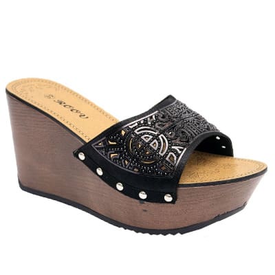 Evelyn Satin Wege With Wood Sole Detail - Black