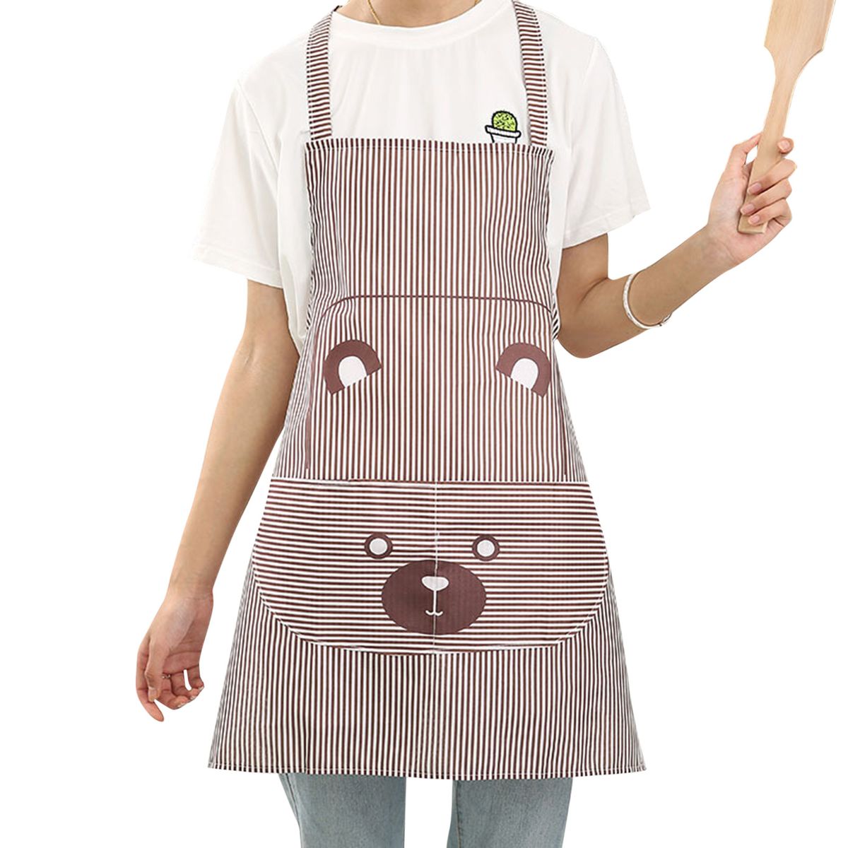1-Pack Cute Bear Bib Apron Cartoon Design Polyester Stripes