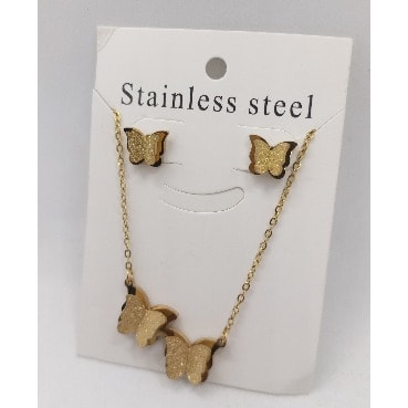 Double Frost Butterfly Pendant Necklace With Stud Earring Jewelry Set - Gold